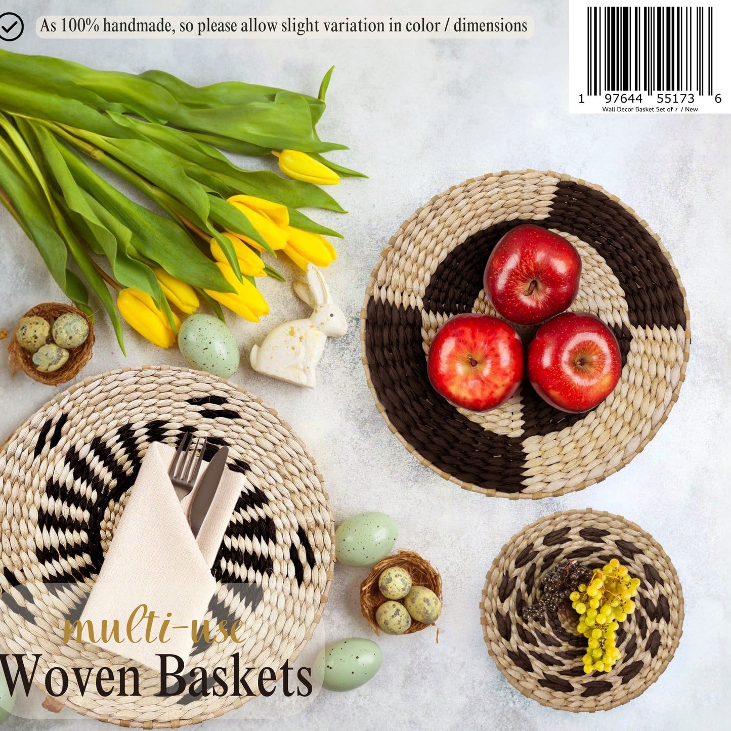 7 Wall Basket Decor, Boho Basket Wall Decor Set, hanging Woven basket Wall Decor, Boho Wall Baskets decor, Wicker Wall Decor Art, Seagrass wall decor, Eco-Friendly gift pack with Nails and back hooks